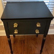 Sewing Machine Cabinet Makeover Into Black, Gray, And Gold Accent Table  picture