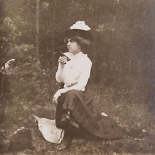 Girl Talking Smartphone Stereoview c1910 Antique Woman Lady Photo Vintage B1420 picture