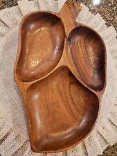 Vintage Monkey Pod Wood Charcuterie Candy, Cracker Nut Dish 3 Divided Leaf Shape picture