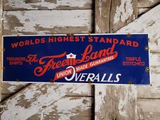 VINTAGE FREELAND OVERALLS PORCELAIN SIGN CLOTHING UNION MADE TEXTILE FACTORY 30