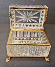 Vintage Faceted Crystal Casket Jewelry Box Gold Brass Footed & Hinged Elegant picture