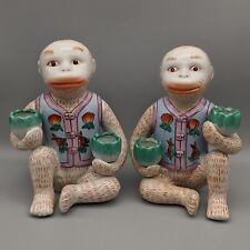 Vtg Chinoiserie Monkey Lotus Candle Holders 7.25