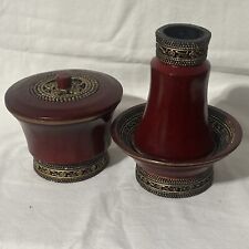 Vintage Dresser Jar, Cup, & Stand Set Of 3 Burgundy With Gold Gilded Accents picture