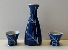 VINTAGE JAPANESE SAKE SET - 3 Piece - Carafe & 2 cups - Blue Bamboo Motif picture