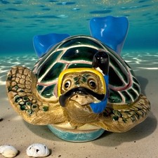 Handmade Peruvian Sea Turtle Figurine Glazed in Full Scuba Gear Amphibian RARE picture