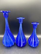 Vtg Cobalt Blue Bottles Vases Candleholders Handblown Glass Twisted picture