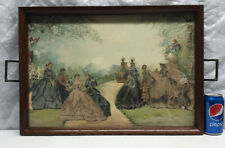 Vtg 30-40’s LG Wood Frame Glass Cut Out Victorian Women Watercolor Serving Tray picture