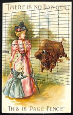 Page Woven Wire Fence Co. Victorian Trade Card Bull Chargers Woman at Fence picture