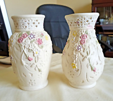 Pair of Vintage K's Collection Cream Pastel Flowered Vase 6.5 inch picture