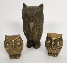 Set of Three Small Brass Owl Family Figurines Sculpture Paperweight MCM Decor picture