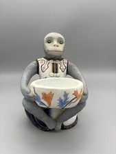 Vintage Chinoiserie Porcelain Monkey Holding Bowl Hand Painted 8.25" Statue picture