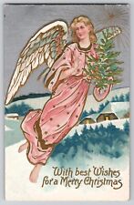 Christmas Angels in Pink Tree Gold Gilt Embossed Antique Postcard c1910's picture