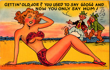 Vintage 1959 Risque Woman on Beach in Bikini, Sad Old Joe, Funny Humor, Postcard picture