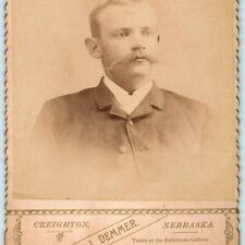 c1890s Creighton, NE Wide / Long Mustache Man Cabinet Card Photo J. Demmer B1 picture