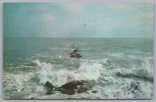 Beautiful Ocean Waters, Seagulls Flying Above, Rocks Above Water Level, Vintage picture