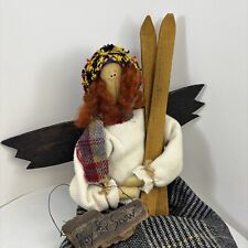Primitive Americana Angel Folk Rag Doll 21” tall w/ Wings Skiier “Pray For Snow” picture