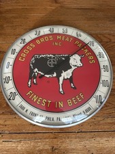 Cross Bros Meat Packers 1940 12” Glass Cow Beef Thermometer Philadelphia PA Sign picture