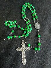 Irish Catholic Green Glass Beads Crucifix Rosary Celtic Irish Silver Tone picture