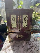 Vintage Chinese Jade Brass Wooden Jewelry Box with Drawers. picture