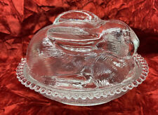VTG Indiana Clear Glass Sleeping Bunny Rabbit On Nest  Covered Dish 7” ADORABLE picture