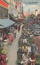 St. Petersburg Florida FL Sidewalks Old Cars Curt Teich Linen Vintage Postcard picture