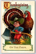 Postcard Thanksgiving On The Farm Boy Large Axe Even Larger Turkey c1910 S31 picture