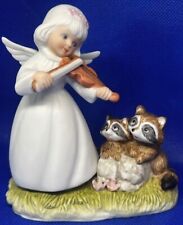 Vintage Angel Girl Playing Violin to Raccoons Bisque Figurine picture