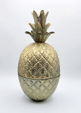 Vintage Mid Century Solid Brass Embossed Pineapple Lidded Jar Bowl 11.5
