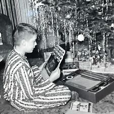 TC Photograph Boy Opening Gifts Toys Decorated Christmas Tree Morning 1958 picture