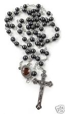 Hematite Rosary Black Stone Beads Necklace Jerusalem Holy Soil Cross Crucifix picture