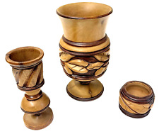 Haiti Wooden Hand Carved Brown Vase Set Vintage Home Decor Design Two Tone Folk picture