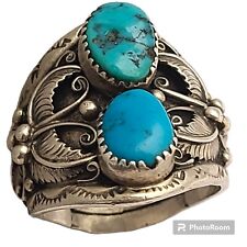 Navajo Sleeping Beauty Turquoise Sterling Silver Floral Leaf Design Ring Sz14 picture