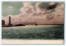 c1905 Entrance To Harbor Ship Smokestack Lighthouse Buffalo New York NY Postcard picture