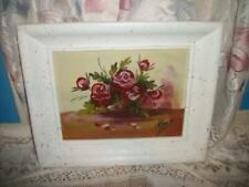 ROSES OIL PAINTING STYLIZED RETRO CHUNKY WOOD FRAME SPATTERED SIGNED RUIZ 1950s picture