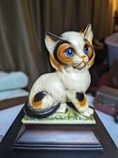 Vintage Calico Kitty Porcelain Figurine Blue Eyes Japan On Porcelain Stand picture