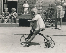 174 VTG ORG PHOTO BW Tricycle Riding Bicycle Kids Out of Frame Bad Crop Toy Doll picture