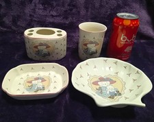 Vintage 80s Chelsey Flower Cat Bathroom Set Ceramic Japan 4pc Vanity Toothbrush picture