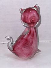 Vintage Murano Style Hand Blown Glass Cat Kitty Kitten Pink Swirl Cased 5” picture