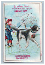 French Victorian Trade Card Dog Boy Whip Ice Skating Duroyon Ramette St Bernard picture