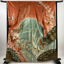 64.8inc Japanese Kimono SILK FURISODE Butterfly Cherry blossoms Salmon pink picture