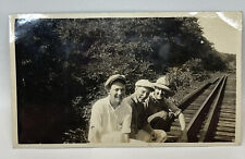 Vtg 1920s Snapshot Photo 3 Handsome Men on Railroad Tracks Cigar Newsboy Caps picture