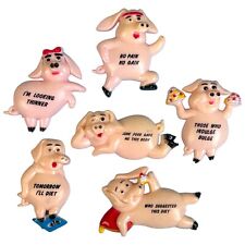 Vintage Set Lot of 6 Plastic Pig Refrigerator Magnets Funny Sayings About Diet picture
