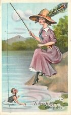 Embossed Postcard; Fishing Woman Catches Tiny Man, A Fresh Fish Every Day picture