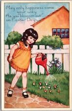 c1910s Whitney EASTER GREETINGS Embossed Postcard Girl Watering Flowers / UNUSED picture