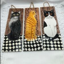 VINTAGE Wall Hanging Hand Painted Tiles Cat Pictures 3 Pieces picture