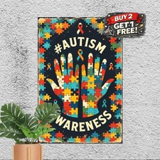 Autism Awareness Colorful Puzzle Ribbon Plaque Inspirational Metal Tin Sign 8x8 picture