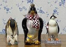 3 Emperor Penguins 2 with Chicks Hanging Christmas Tree Ornaments EC picture