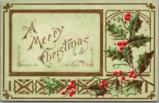 Vintage MERRY CHRISTMAS Embossed Greetings Postcard Holly Border / 1909 Cancel picture