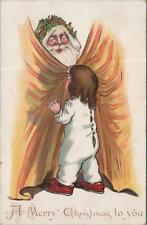 Postcard Merry Christmas Santa Behind Curtain Little Girl Watching  picture