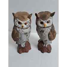 Set Of 2 Vintage Owls Mid Century Modern Brown White Wise Great Horned Owl  picture